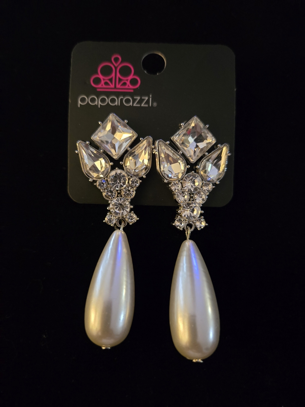 Paparazzi Silver Crystal and Pearlescent Teardrop Dangle Earrings - White